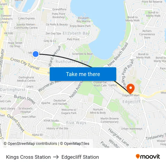Kings Cross Station to Edgecliff Station map