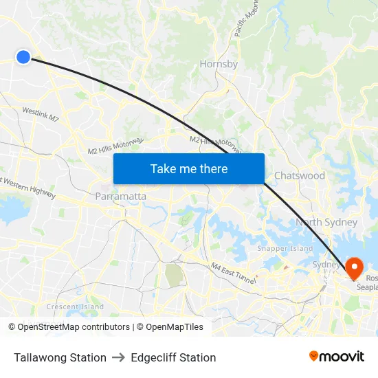 Tallawong Station to Edgecliff Station map