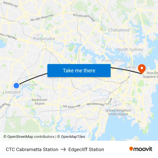 CTC Cabramatta Station to Edgecliff Station map