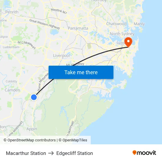 Macarthur Station to Edgecliff Station map