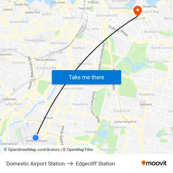Domestic Airport Station to Edgecliff Station map