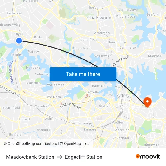 Meadowbank Station to Edgecliff Station map