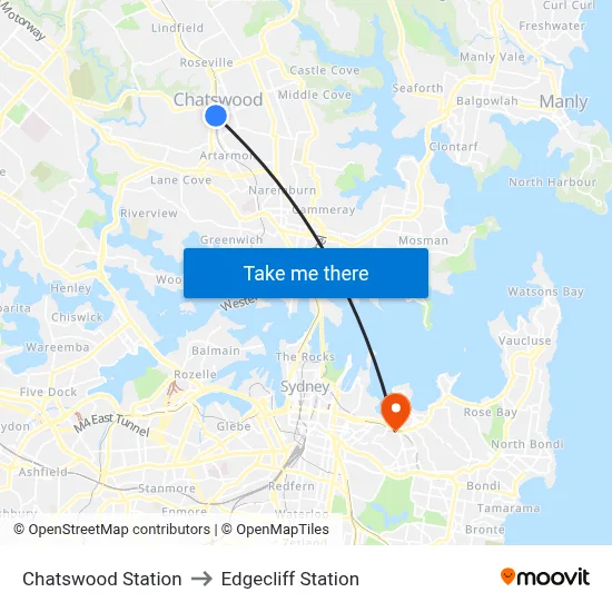 Chatswood Station to Edgecliff Station map