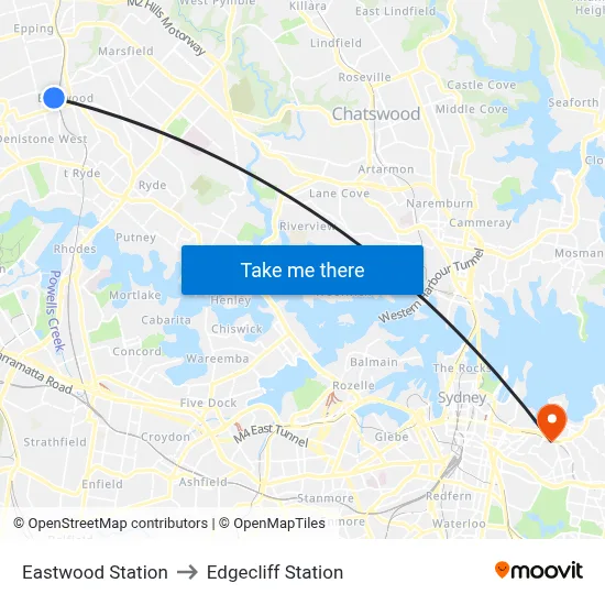 Eastwood Station to Edgecliff Station map
