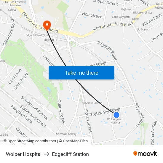 Wolper Hospital to Edgecliff Station map