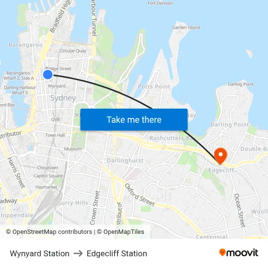 Wynyard Station to Edgecliff Station map
