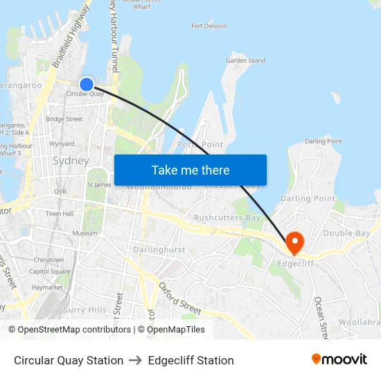 Circular Quay Station to Edgecliff Station map