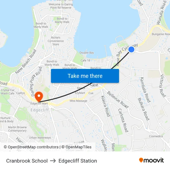 Cranbrook School to Edgecliff Station map