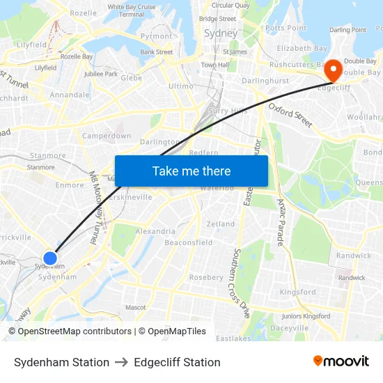 Sydenham Station to Edgecliff Station map