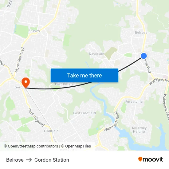 Belrose to Gordon Station map
