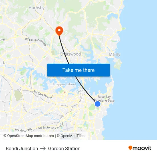 Bondi Junction to Gordon Station map