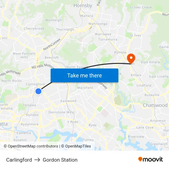 Carlingford to Gordon Station map