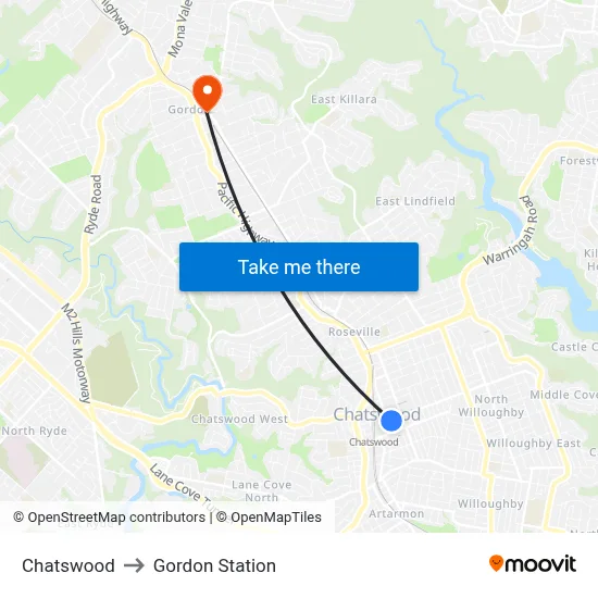 Chatswood to Gordon Station map