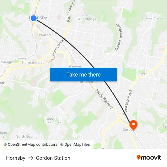 Hornsby to Gordon Station map