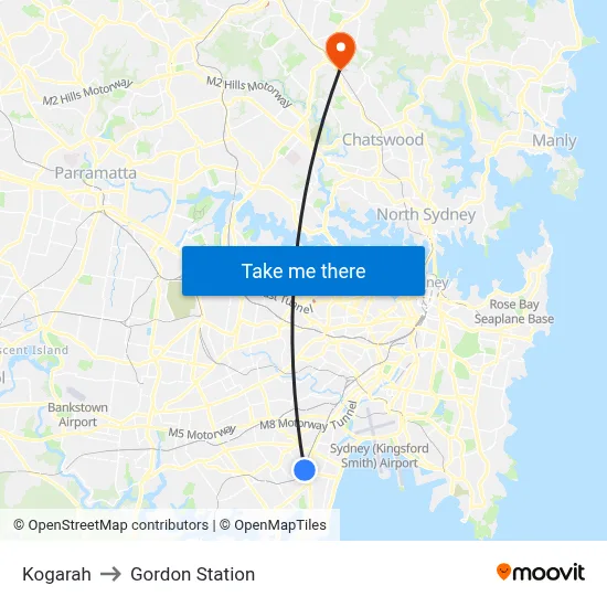 Kogarah to Gordon Station map