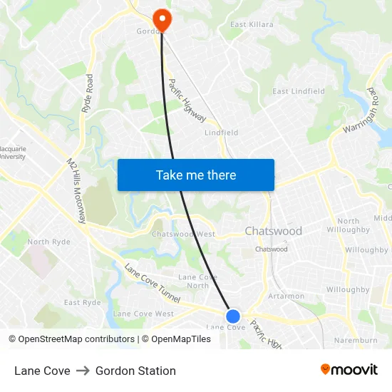 Lane Cove to Gordon Station map