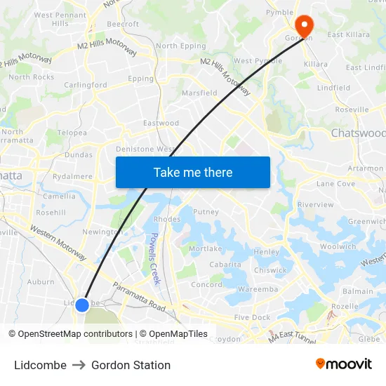 Lidcombe to Gordon Station map
