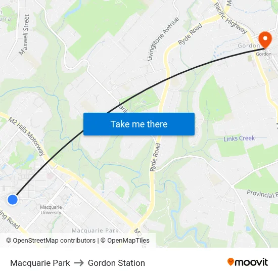 Macquarie Park to Gordon Station map