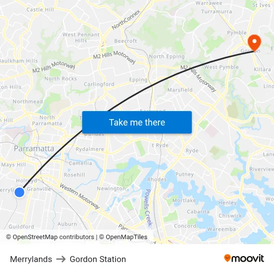 Merrylands to Gordon Station map