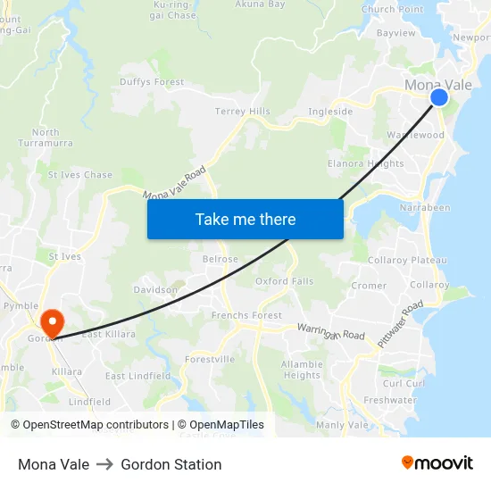 Mona Vale to Gordon Station map
