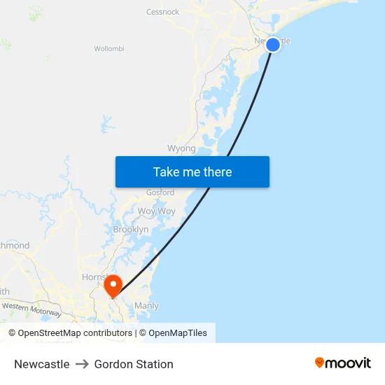 Newcastle to Gordon Station map
