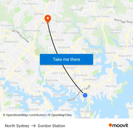 North Sydney to Gordon Station map