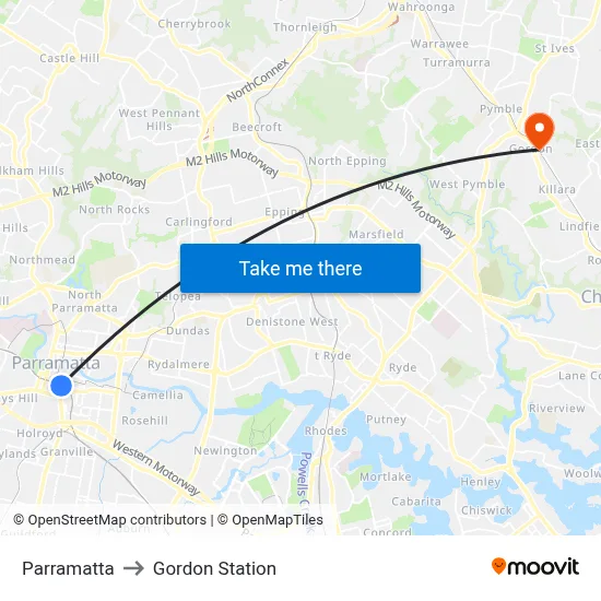 Parramatta to Gordon Station map