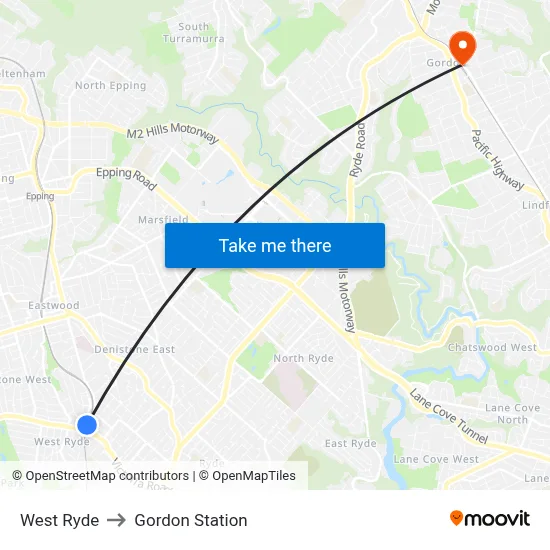 West Ryde to Gordon Station map