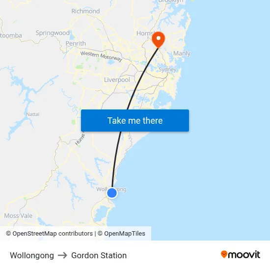 Wollongong to Gordon Station map