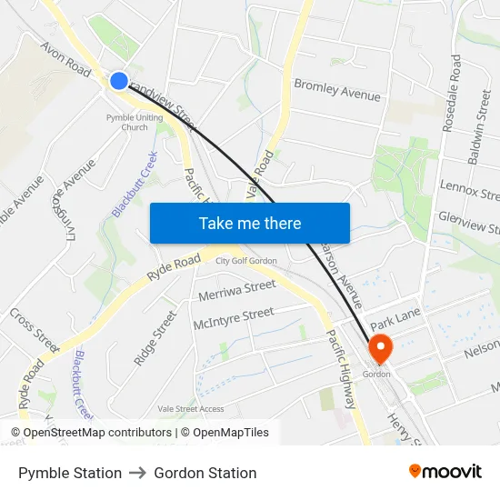 Pymble Station to Gordon Station map
