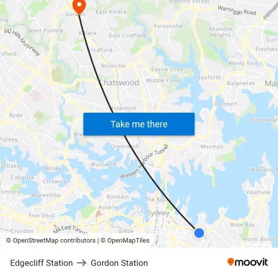 Edgecliff Station to Gordon Station map