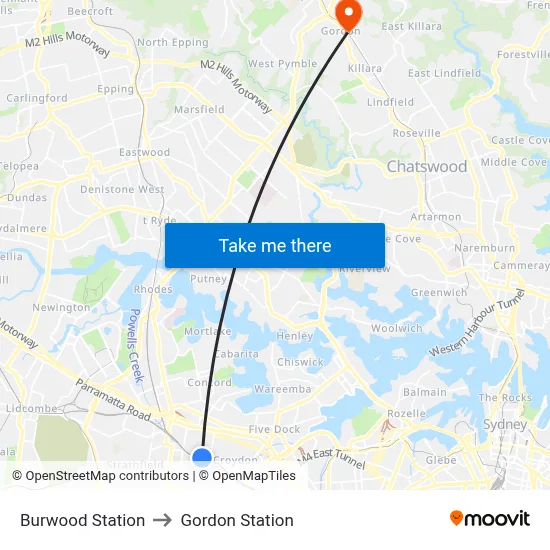 Burwood Station to Gordon Station map