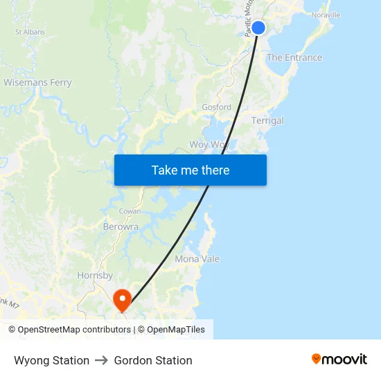 Wyong Station to Gordon Station map