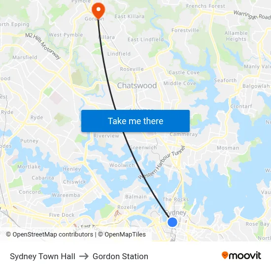 Sydney Town Hall to Gordon Station map