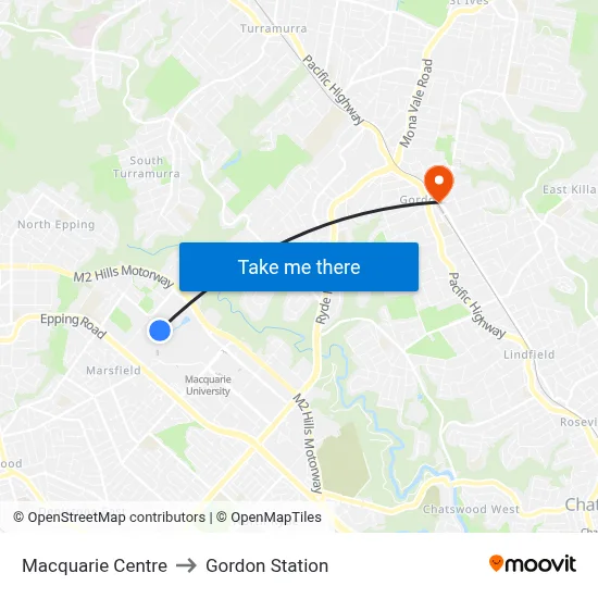 Macquarie Centre to Gordon Station map