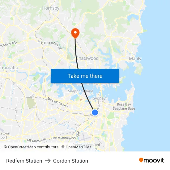 Redfern Station to Gordon Station map