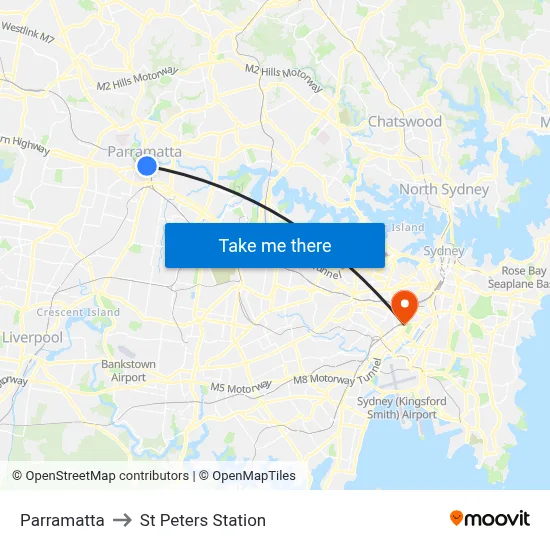 Parramatta to St Peters Station map