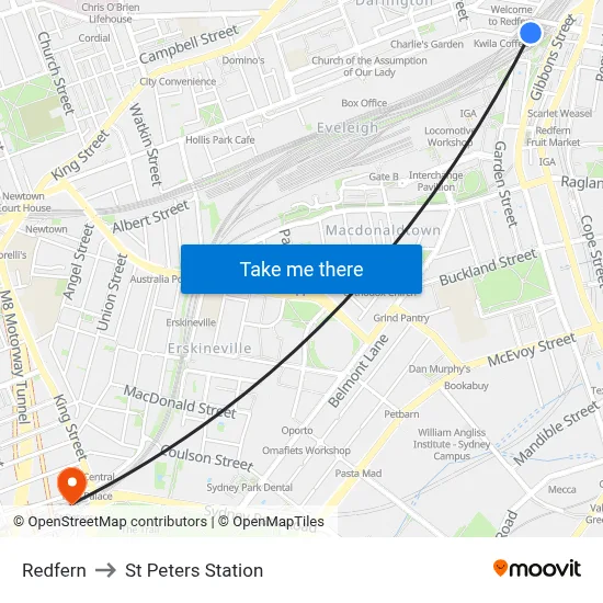 Redfern to St Peters Station map