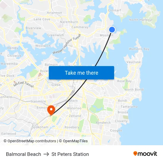 Balmoral Beach to St Peters Station map