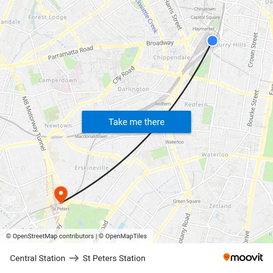 Central Station to St Peters Station map
