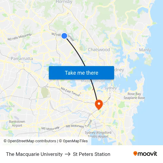 The Macquarie University to St Peters Station map
