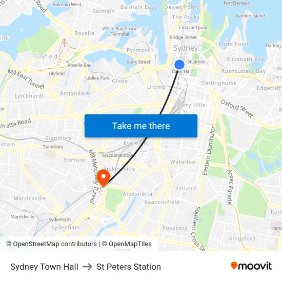 Sydney Town Hall to St Peters Station map