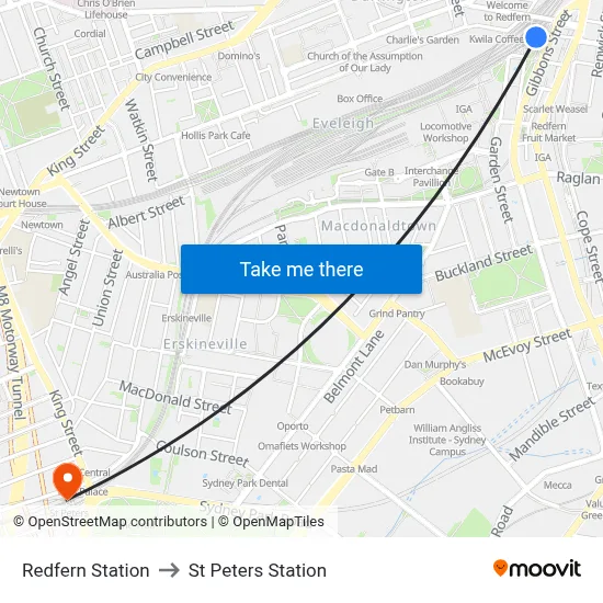 Redfern Station to St Peters Station map