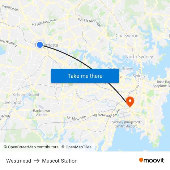 Westmead to Mascot Station map