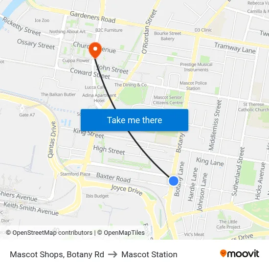 Mascot Shops, Botany Rd to Mascot Station map