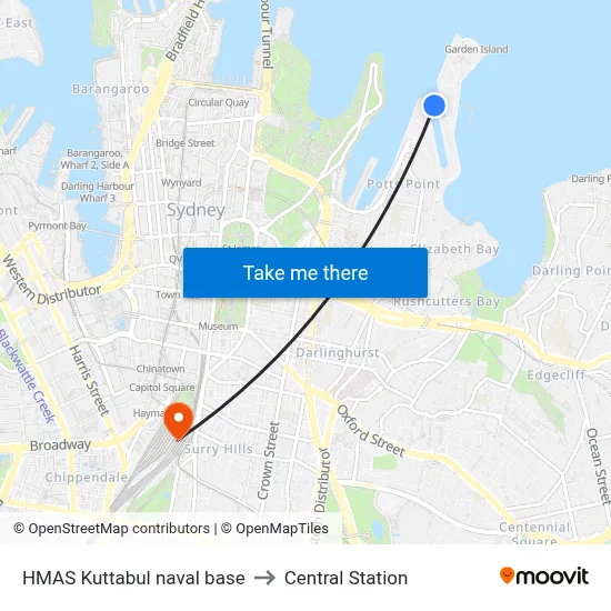 HMAS Kuttabul naval base to Central Station map