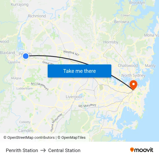 Penrith Station to Central Station map