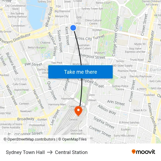 Sydney Town Hall to Central Station map