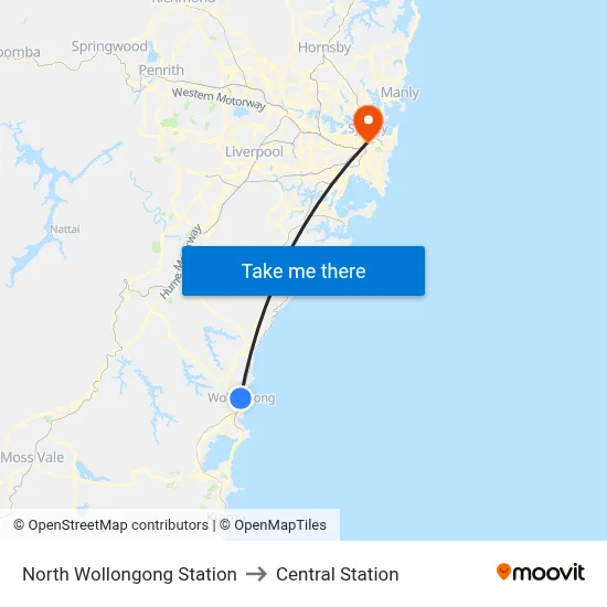 North Wollongong Station to Central Station map