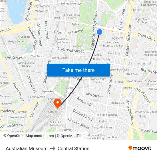 Australian Museum to Central Station map